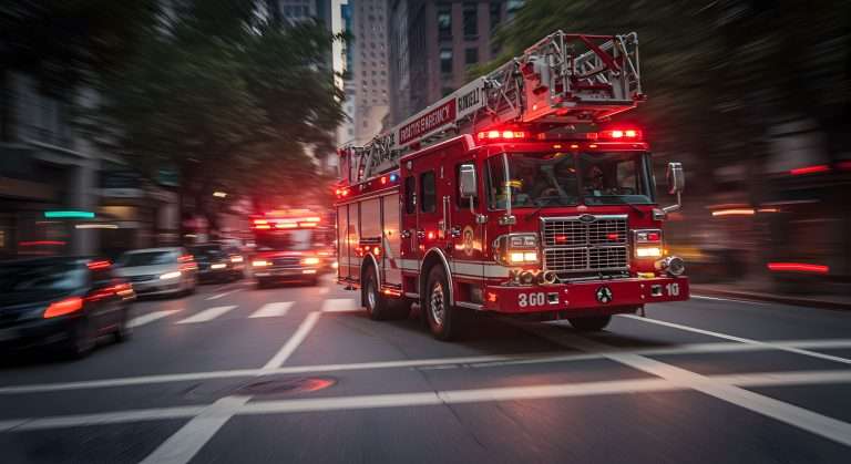 photo of a recent fire truck for sale racing down a busy street, ready for action.