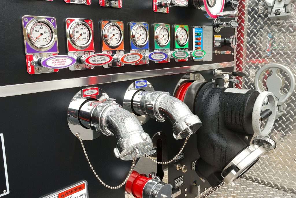 photo of a fire truck panel, displaying several high quality fire truck parts from Bradford Fire Appartaus