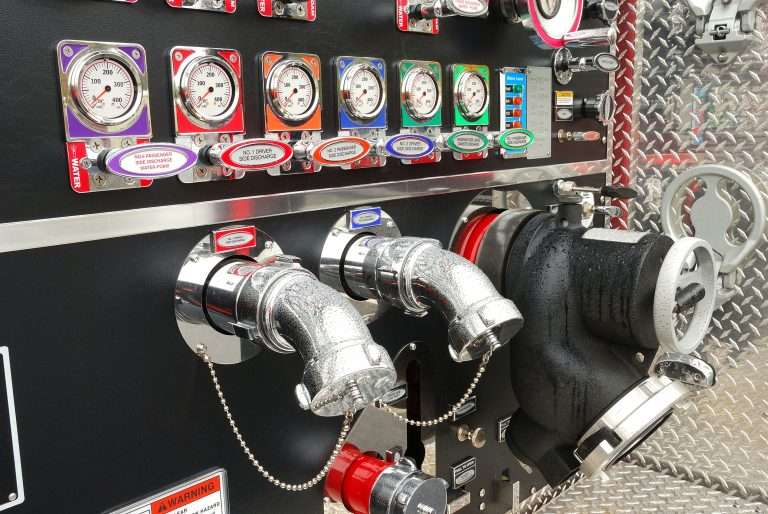 photo of a fire truck panel, displaying several high quality fire truck parts from Bradford Fire Appartaus