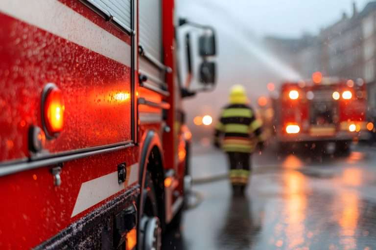 Red fire engine responding to an emergency scene at night, illustrating different fire apparatus types used by fire departments.
