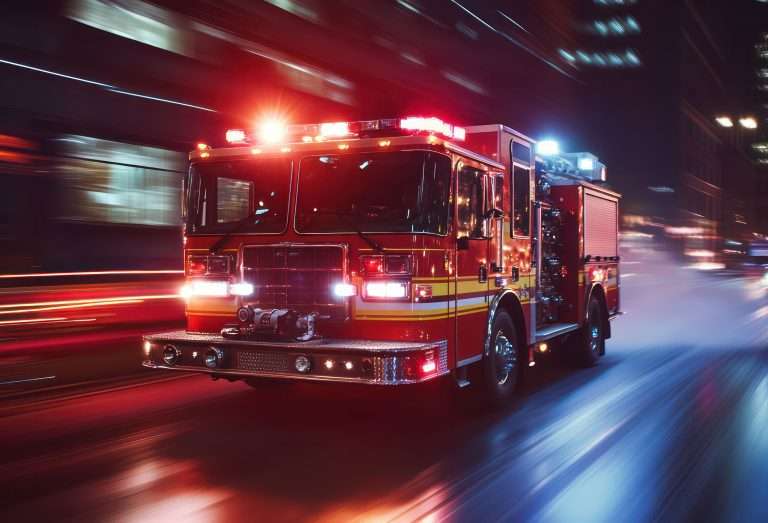 A certified fire truck responding to an emergency, representing the EVT certification standards upheld by Bradford Fire Apparatus on every used apparatus sold